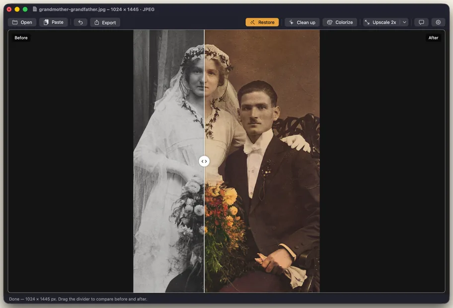 Restore Old Photos on Mac colorizing a black and white wedding photo of a couple, split before and after