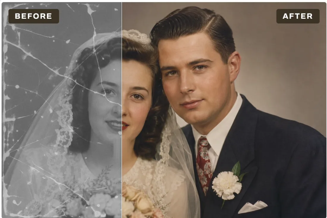 A cracked and spotted wedding portrait before Restore, and the same portrait repaired and in color after