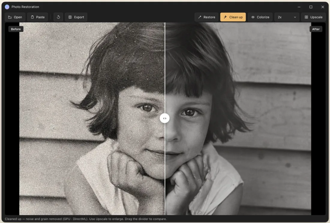 Restore Old Photos on Windows removing heavy grain from a black and white portrait of a girl