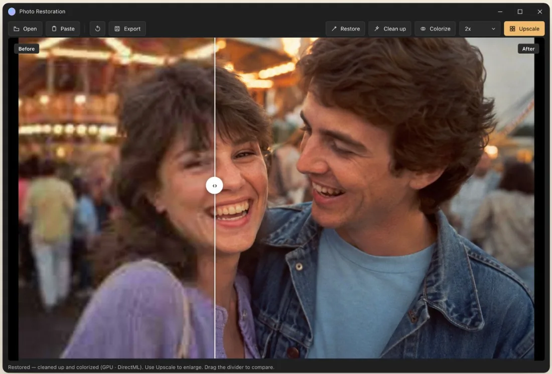 Restore Old Photos on Windows enlarging a small, soft photo of a smiling couple into a sharp one